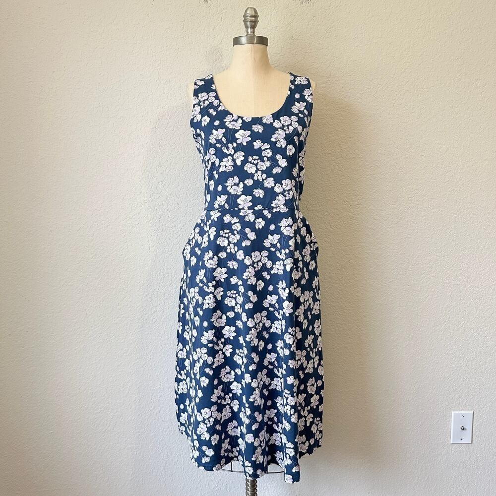 PACT Midi Dress French Navy Shoreline Floral Fit & Flare Tie Back NWT
